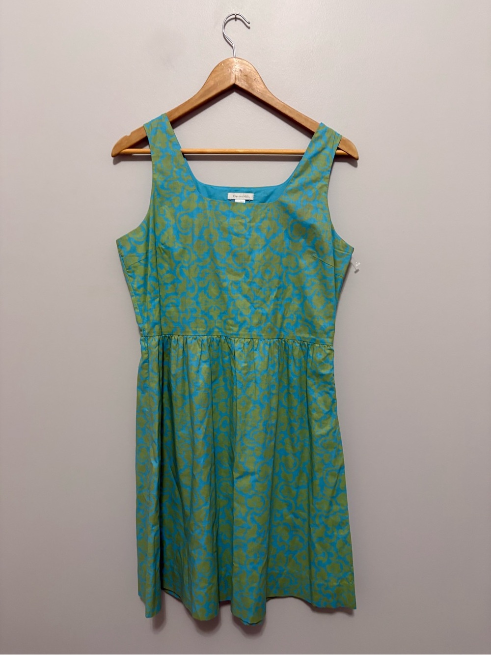 Garnet Hill Natural Cotton Sleeveless Blue-Green Patterned Petite Summer Dress